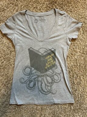 Out of Print Gray Fantastic Books and Where to Find Them V-Neck Tee Shirt